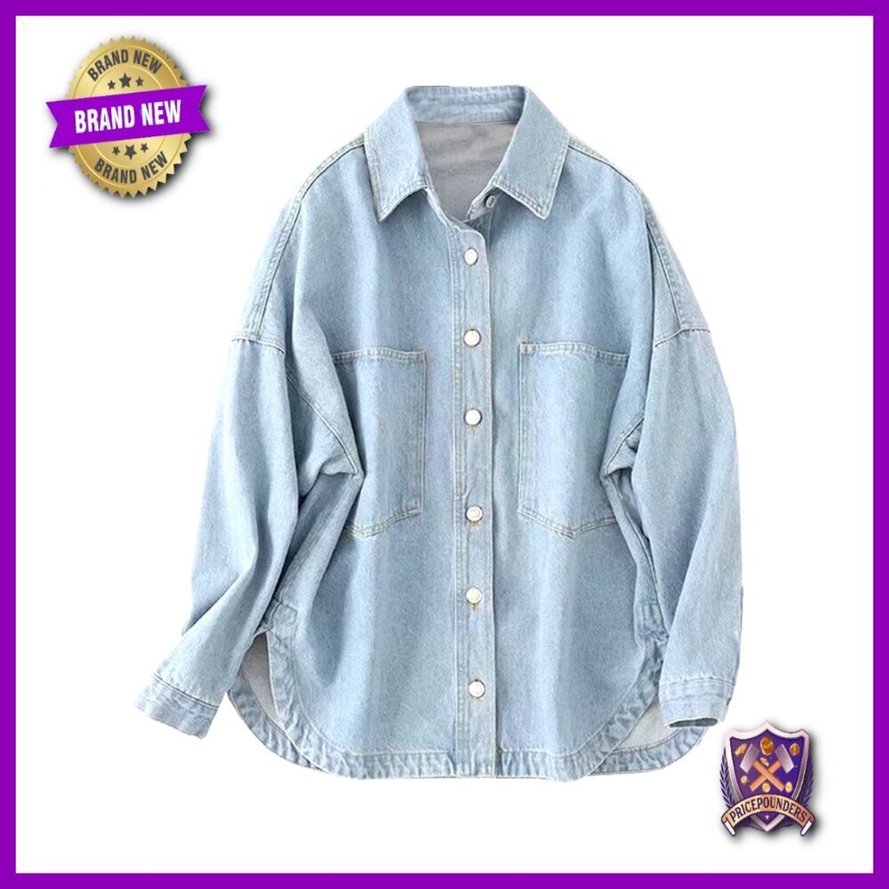 Oversized Denim Jacket Shacket Boyfriend Fit Long Sleeve Button Down Casual